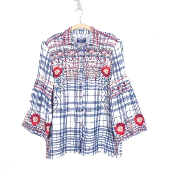 JOHNNY WAS Workshop Freddie Plaid Embroidered Flannel Button Down Shirt - Picture 2 of 12